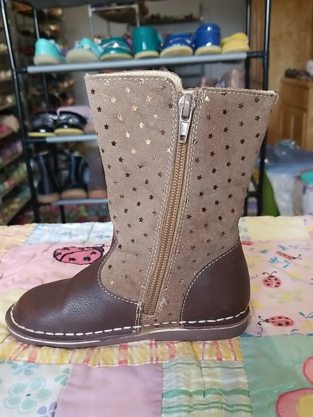 Livie & Luca Brown Leather and Tan Suede Boots With Gold Foil Stars Size 10 Vega